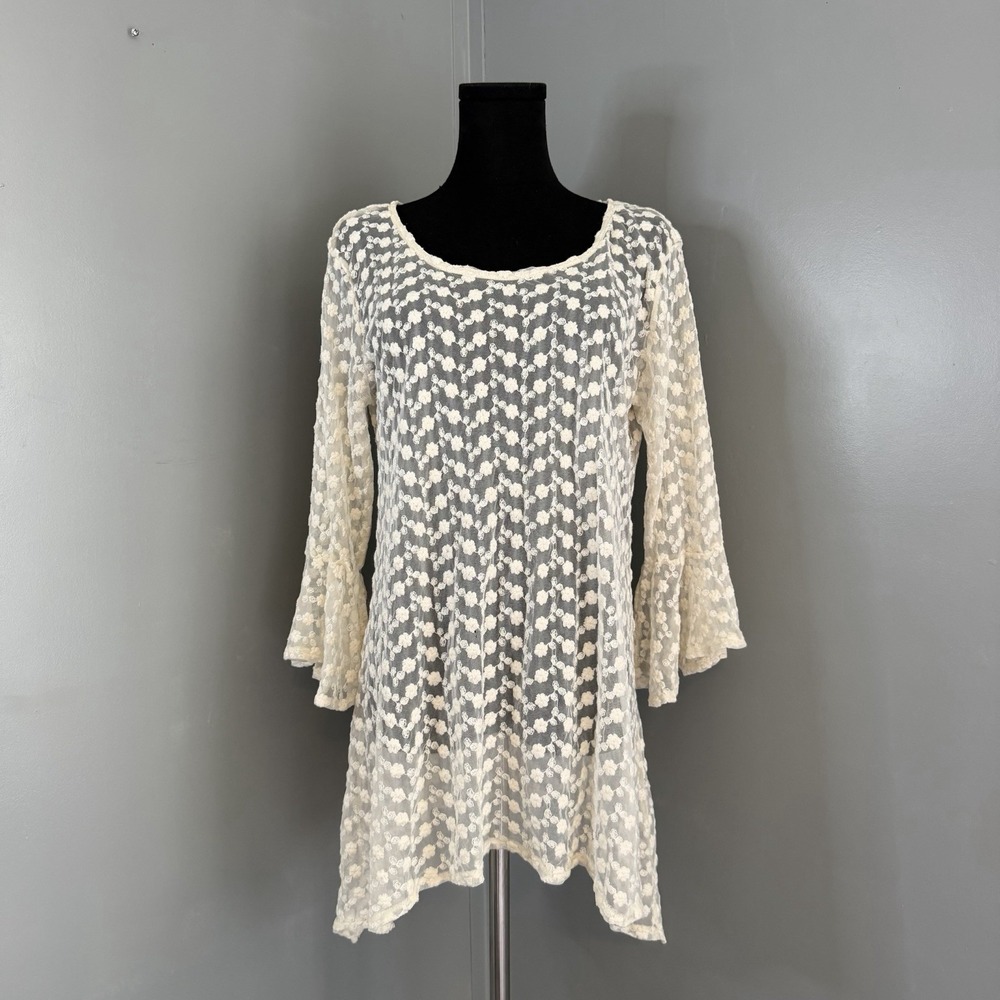 Womens Adorn Floral Lace Sheer Tunic Bell Sleeve Top L/XL Boho Cottagecore Fairy